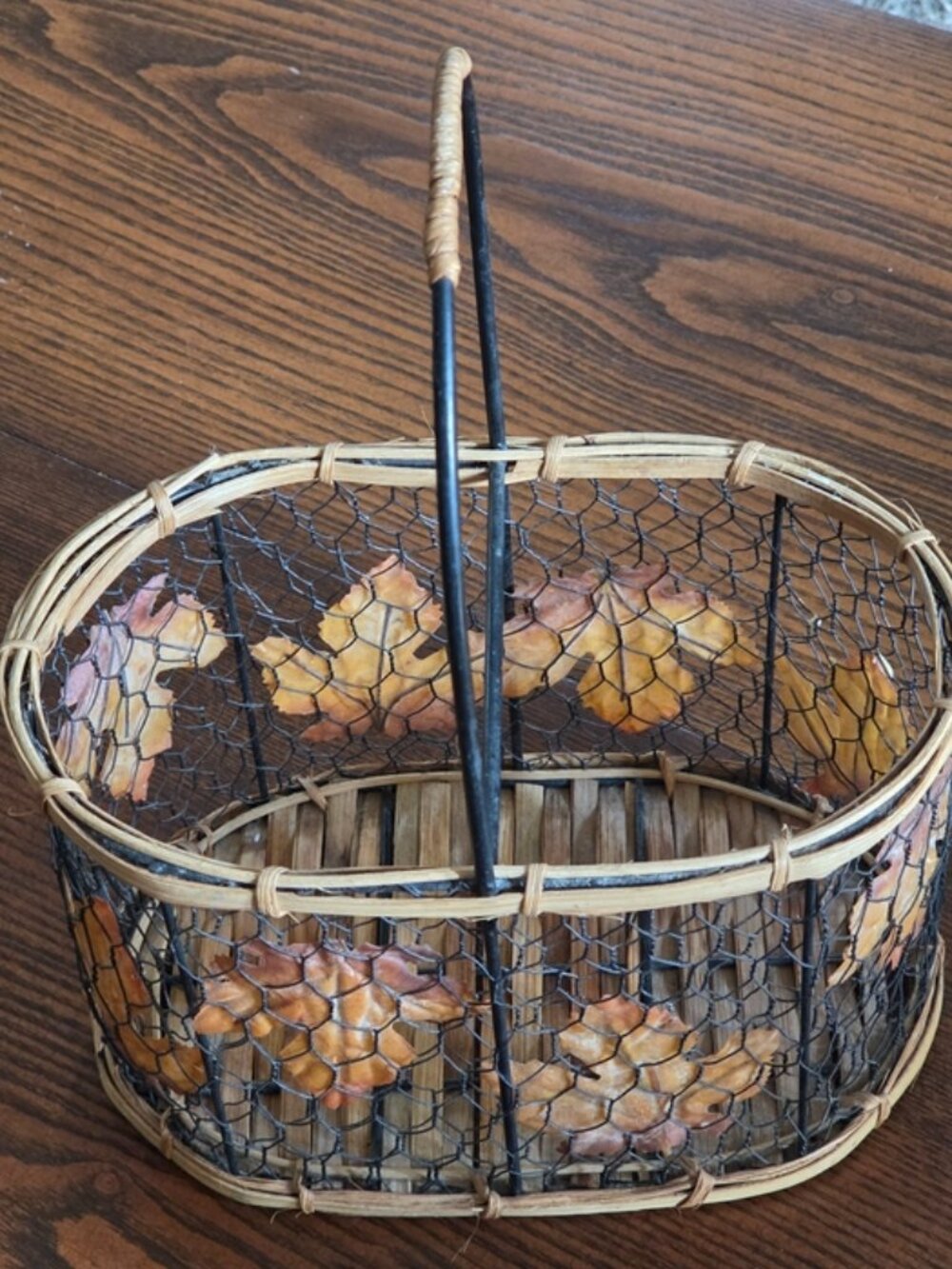 Fall Woven Chicken Wire, Metal & Rattan Decorative Basket w/ Autumn Leaf Accents